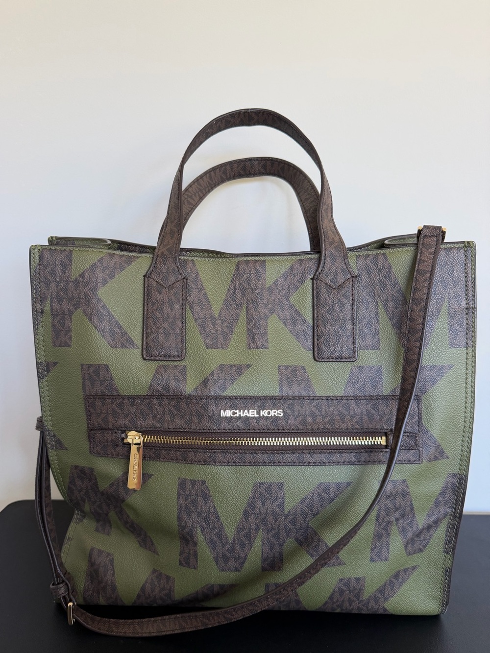 Michael Kors Kenly Large Graphic Logo Tote Army Green Brown Crossbody